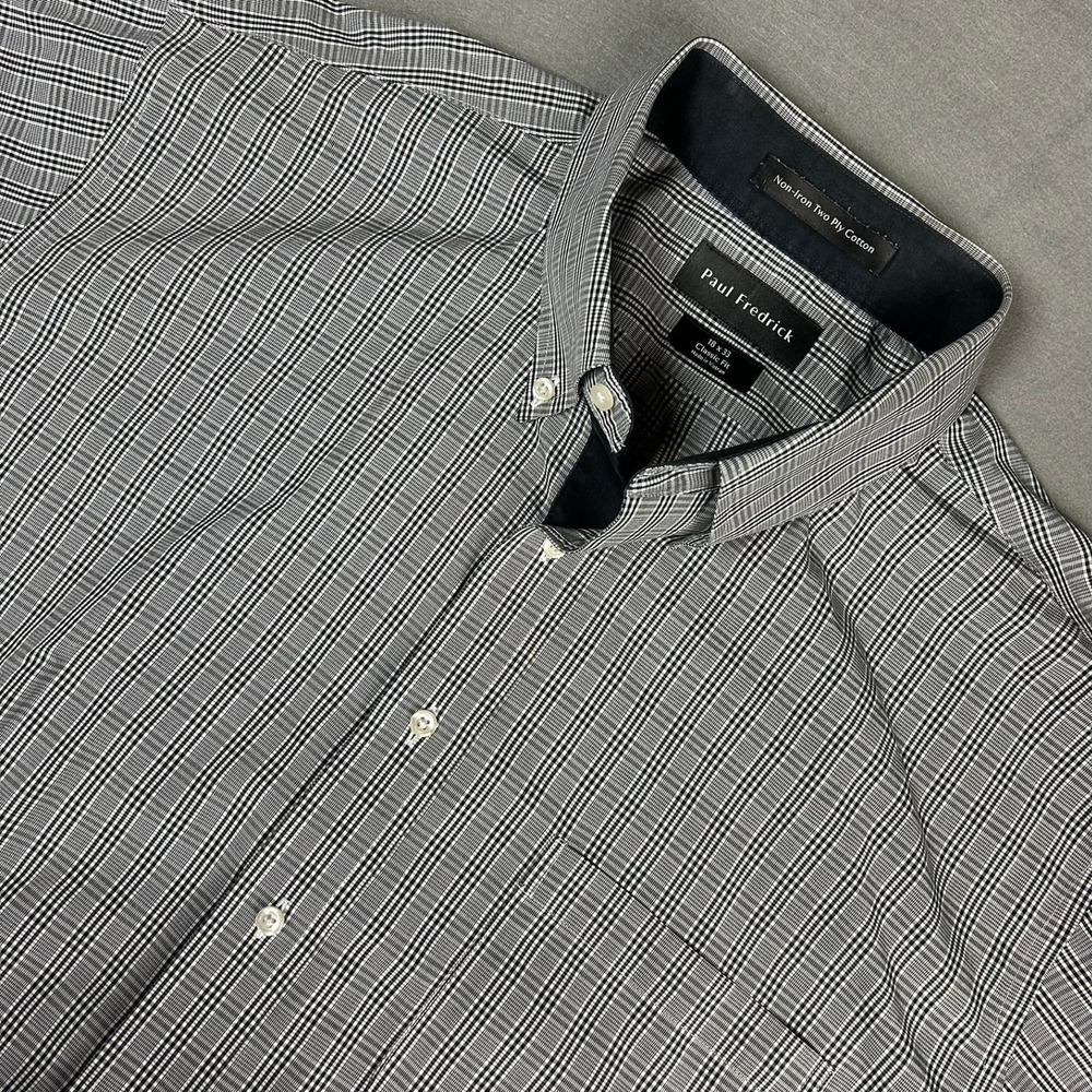 Paul Fredrick Dress Shirt Non-Iron Plaid Mens 18 x 33 Black White